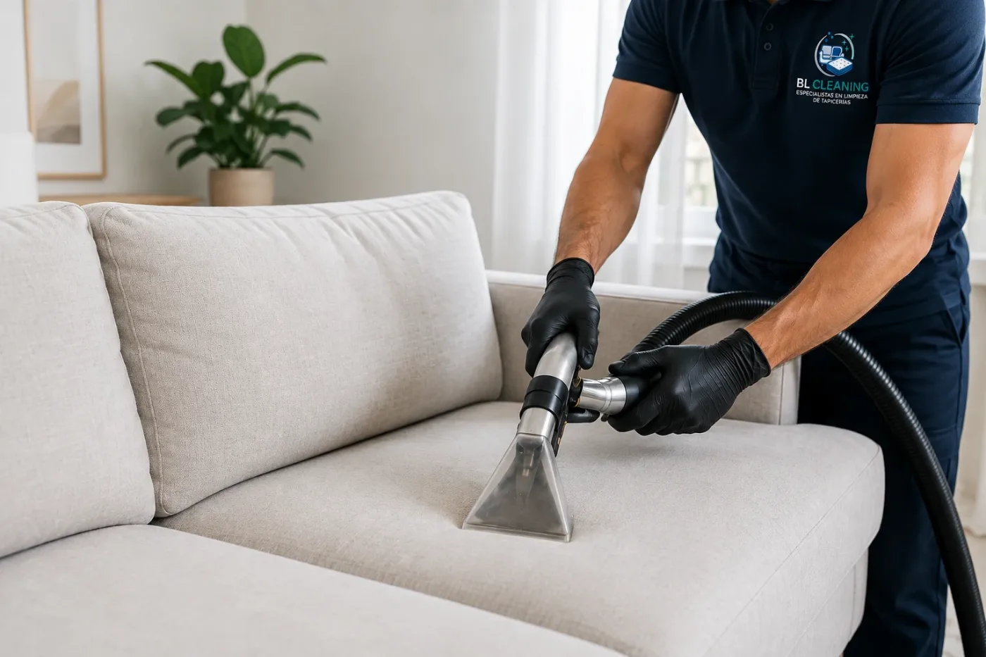 Técnico de BL Cleaning limpiando un sofá a domicilio en la Costa del Sol