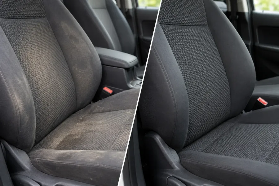 Asiento de coche antes y después de la limpieza de tapicería