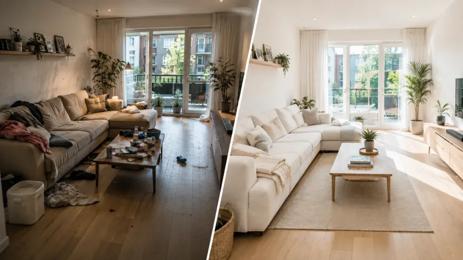 Salón de vivienda turística antes y después de la limpieza en Benalmádena