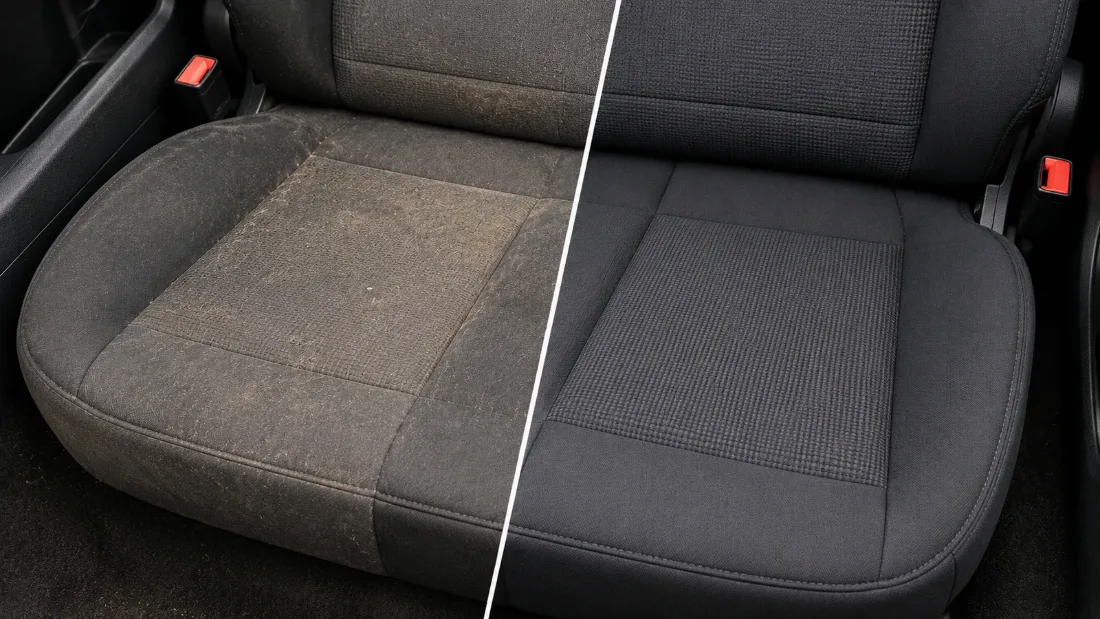 Resultado: tapicería de coche antes y después de la limpieza